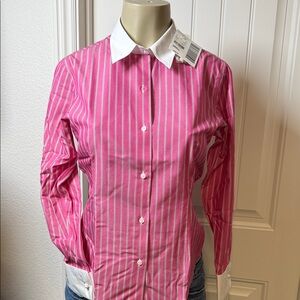 Y2K Petite Sophisticate PS Pink Stripe Button Down Small– White Collar/Cuffs NWT